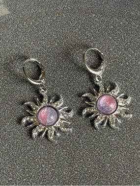 Disney Silver Sunburst Drop Earrings with Pink-Blue Opalescent Center